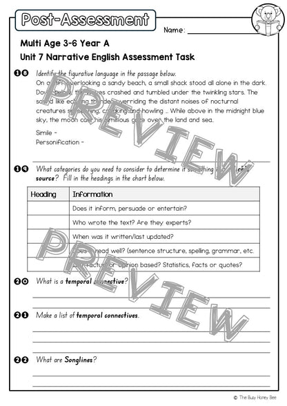 Multi Age 3-6 Year A English Pre- and Post-Assessment Unit 7 Narrative