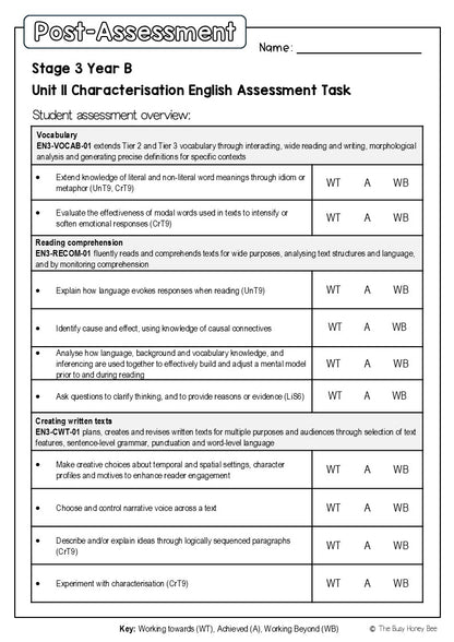 Stage 3 Year B English Pre- and Post-Assessment Unit 11 Characterisation