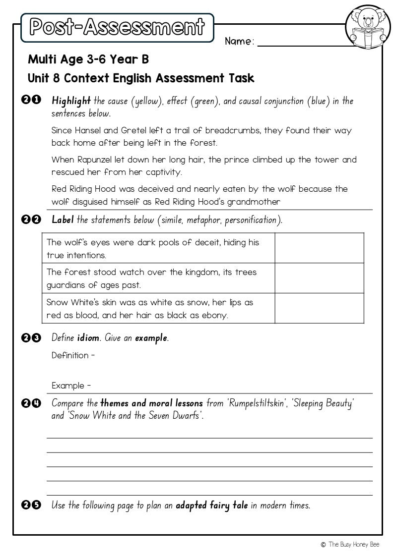 Multi Age 3-6 Year B English Pre- and Post-Assessment Unit 8 Context