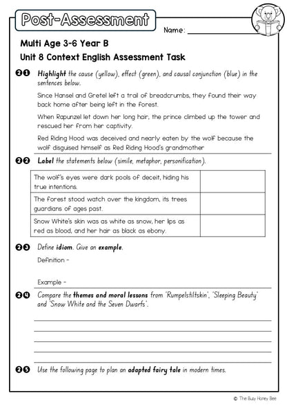 Multi Age 3-6 Year B English Pre- and Post-Assessment Unit 8 Context