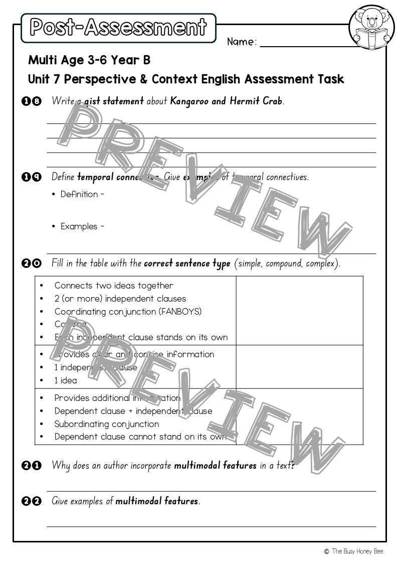 Multi Age 3-6 Year B English Pre- and Post-Assessment Unit 7 Perspective & Context