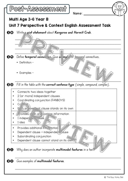 Multi Age 3-6 Year B English Pre- and Post-Assessment Unit 7 Perspective & Context