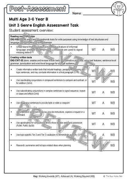 Multi Age 3-6 Year B English Pre- and Post-Assessment Unit 3 Genre