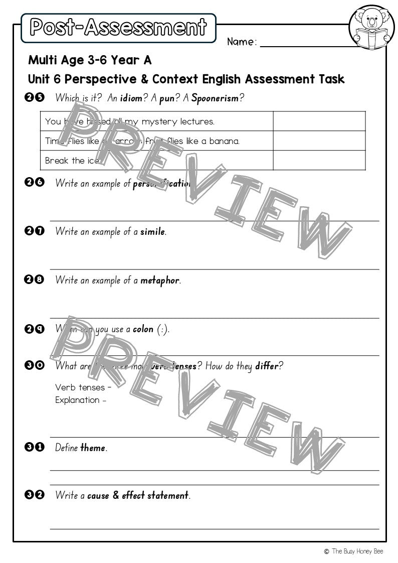 Multi Age 3-6 Year A English Pre- and Post-Assessment Unit 6 Perspective and Context