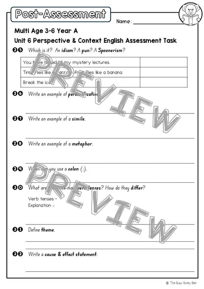 Multi Age 3-6 Year A English Pre- and Post-Assessment Unit 6 Perspective and Context