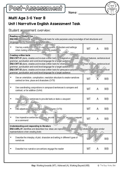 Multi Age 3-6 Year B English Pre- and Post-Assessment Unit 1 Narrative