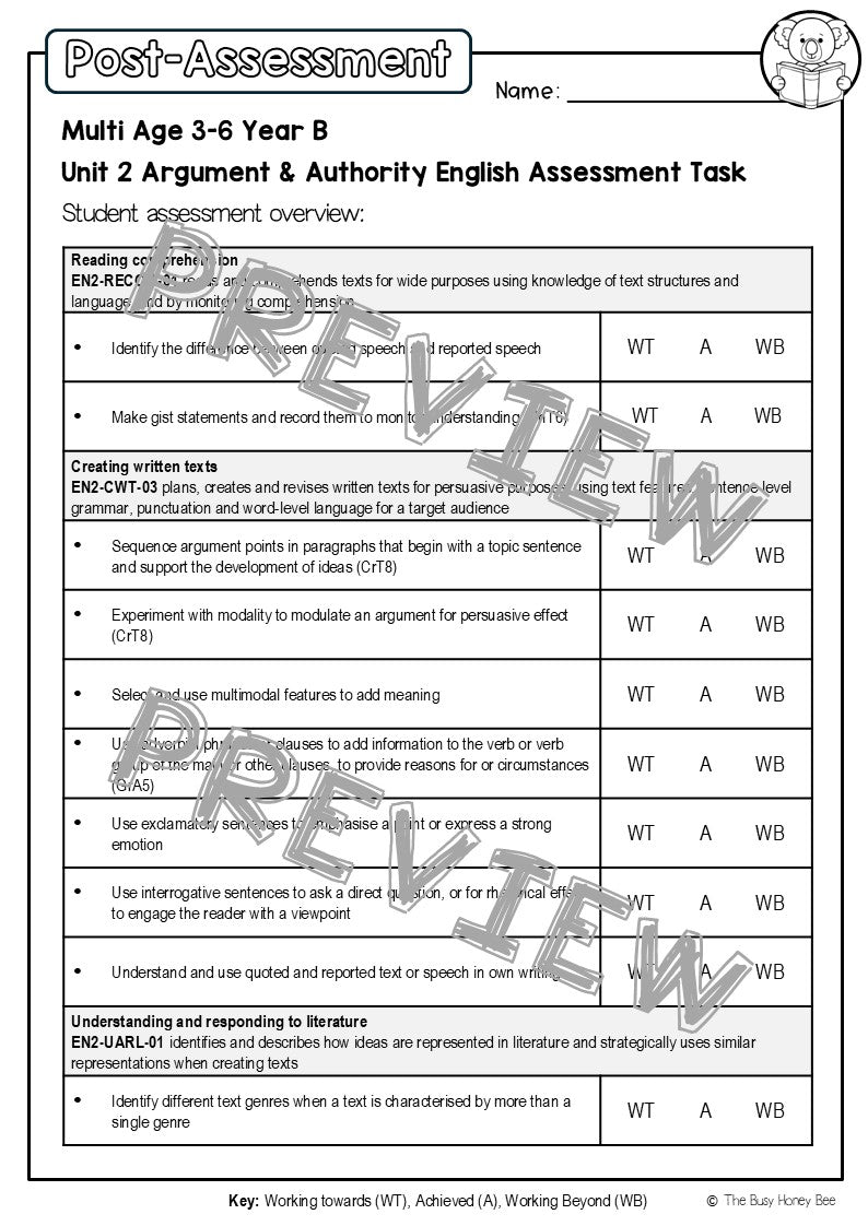 Multi Age 3-6 Year B English Pre- and Post-Assessment Unit 2 Argument and Authority