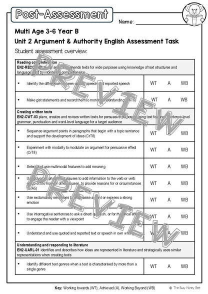 Multi Age 3-6 Year B English Pre- and Post-Assessment Unit 2 Argument and Authority