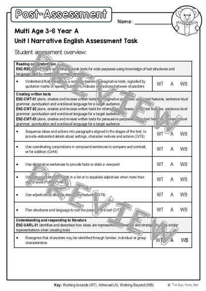 Multi Age 3-6 Year A English Pre- and Post-Assessment Unit 1 Narrative