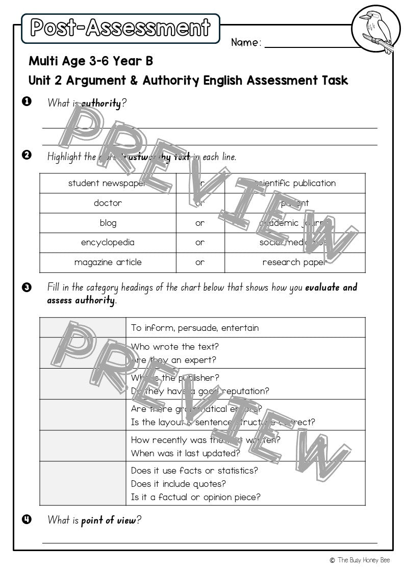 Multi Age 3-6 Year B English Pre- and Post-Assessment Unit 2 Argument and Authority