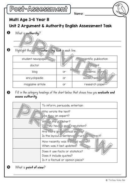 Multi Age 3-6 Year B English Pre- and Post-Assessment Unit 2 Argument and Authority