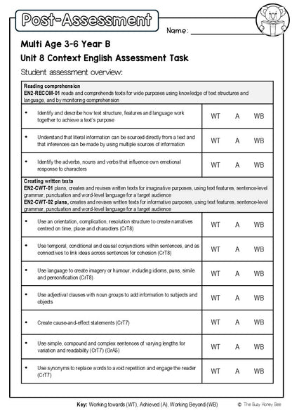 Multi Age 3-6 Year B English Pre- and Post-Assessment Unit 8 Context