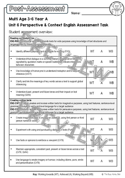 Multi Age 3-6 Year A English Pre- and Post-Assessment Unit 6 Perspective and Context