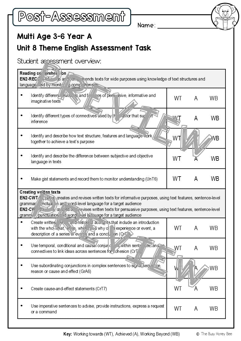 Multi Age 3-6 Year A English Pre- and Post-Assessment Unit 8 Theme