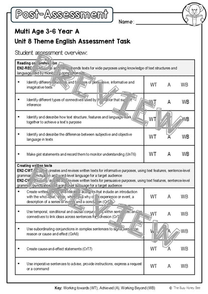 Multi Age 3-6 Year A English Pre- and Post-Assessment Unit 8 Theme