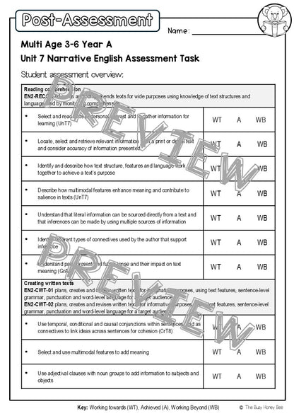 Multi Age 3-6 Year A English Pre- and Post-Assessment Unit 7 Narrative