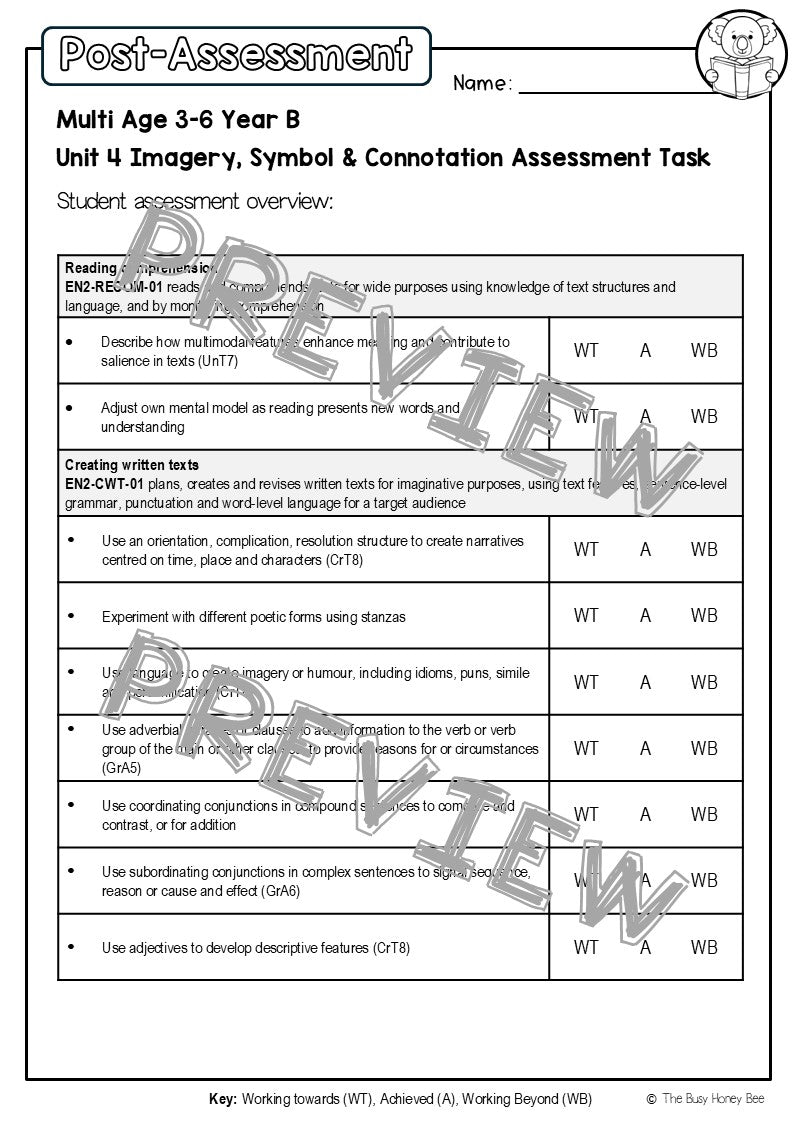 Multi Age 3-6 Year B English Pre- and Post-Assessment Unit 4 Imagery, symbol and connotation