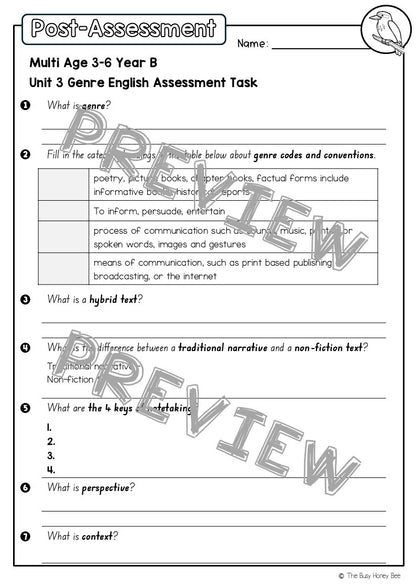 Multi Age 3-6 Year B English Pre- and Post-Assessment Unit 3 Genre