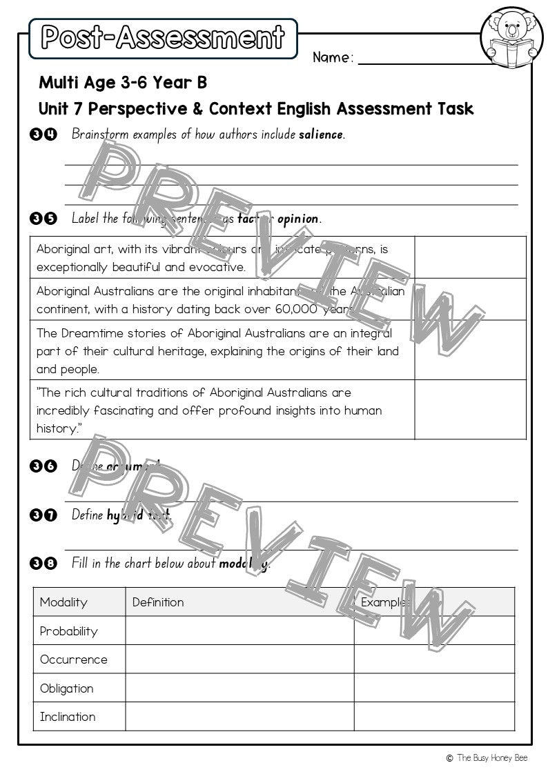 Multi Age 3-6 Year B English Pre- and Post-Assessment Unit 7 Perspective & Context