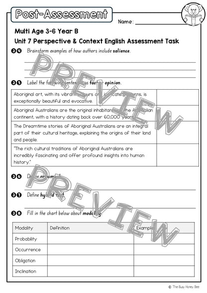 Multi Age 3-6 Year B English Pre- and Post-Assessment Unit 7 Perspective & Context