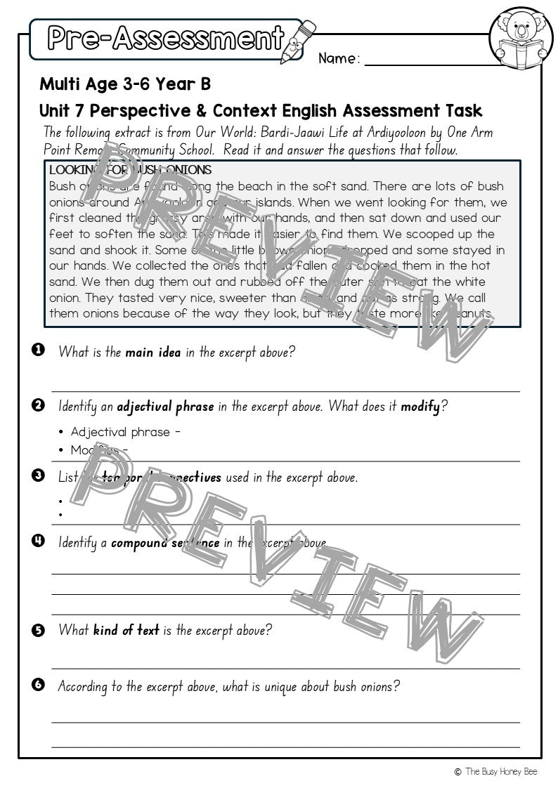 Multi Age 3-6 Year B English Pre- and Post-Assessment Unit 7 Perspective & Context