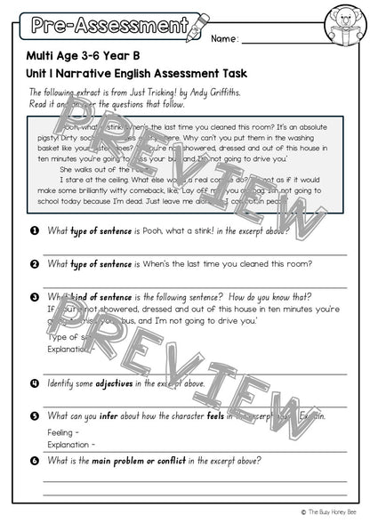 Multi Age 3-6 Year B English Pre- and Post-Assessment Unit 1 Narrative