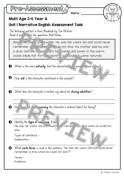 Multi Age 3-6 Year A English Pre- and Post-Assessment Unit 1 Narrative