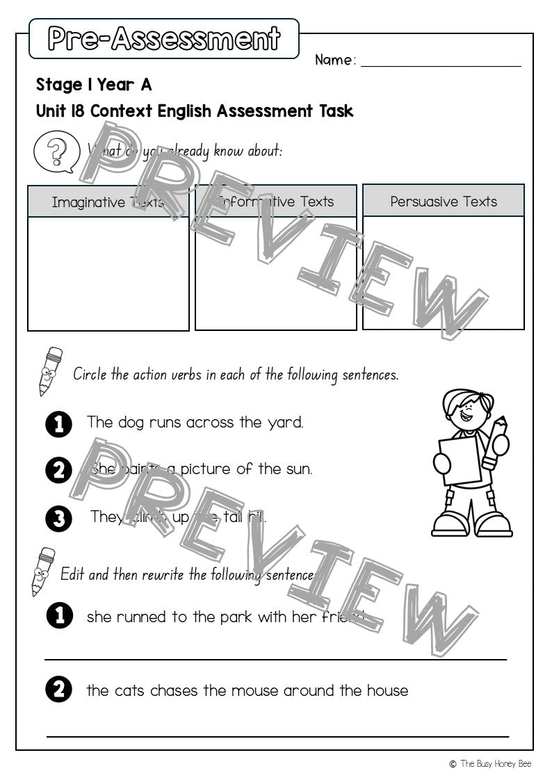 Stage 1 Year A English Pre- and Post-Assessment Unit 18