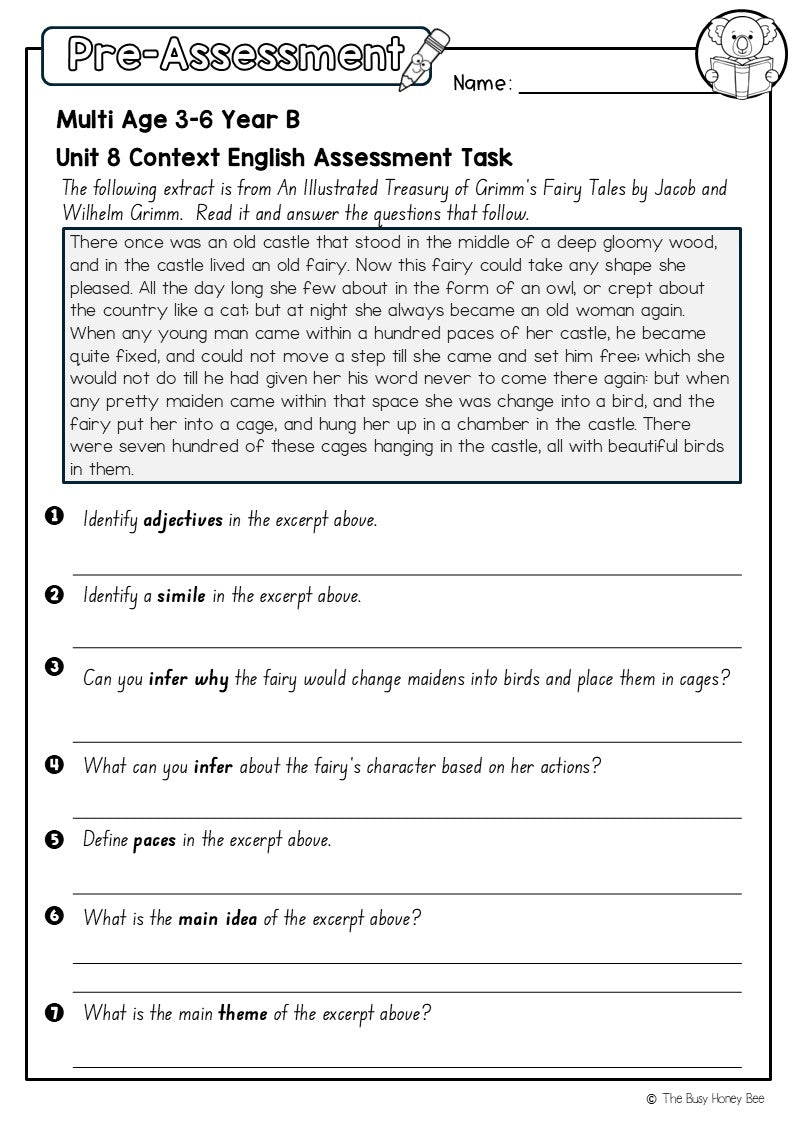 Multi Age 3-6 Year B English Pre- and Post-Assessment Unit 8 Context