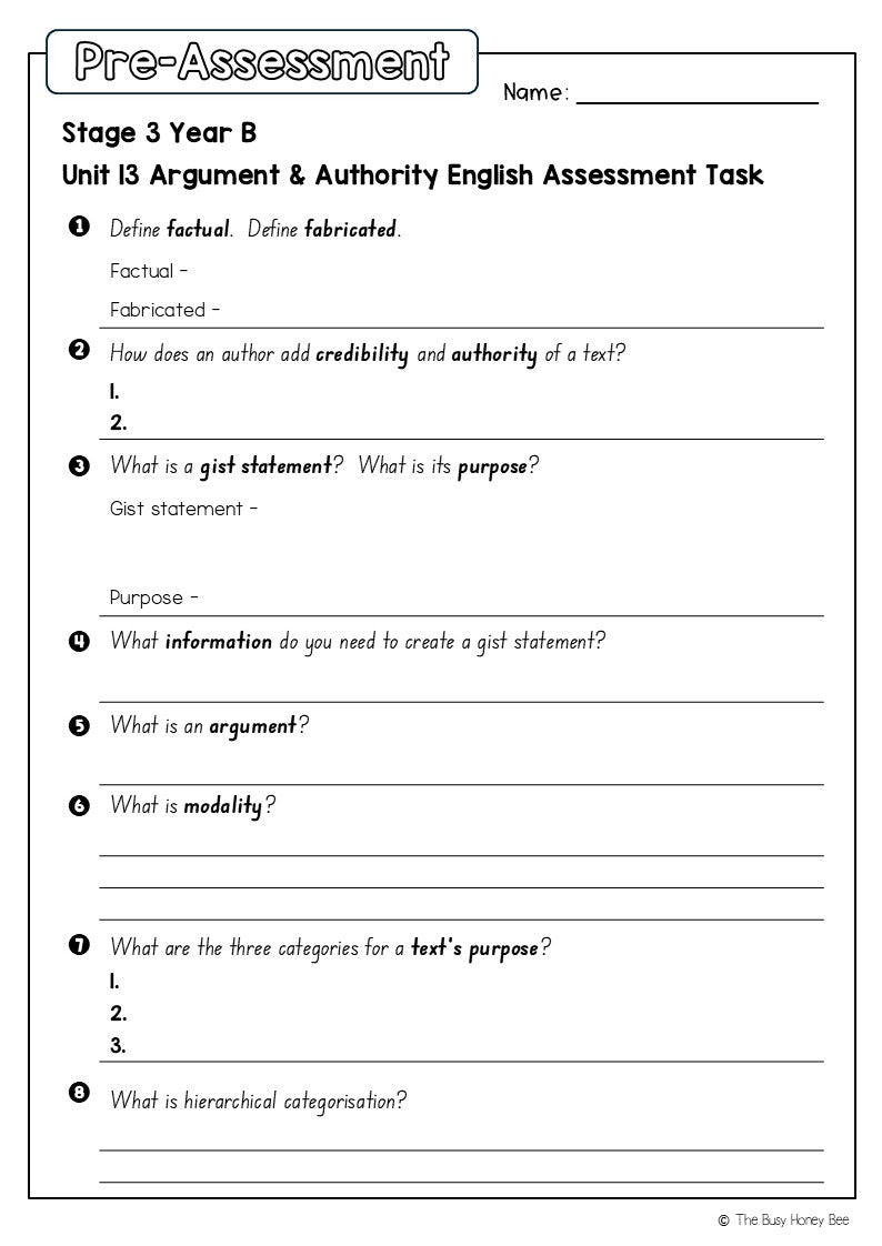 Stage 3 Year B English Pre- and Post-Assessment Unit 13 Argument and authority