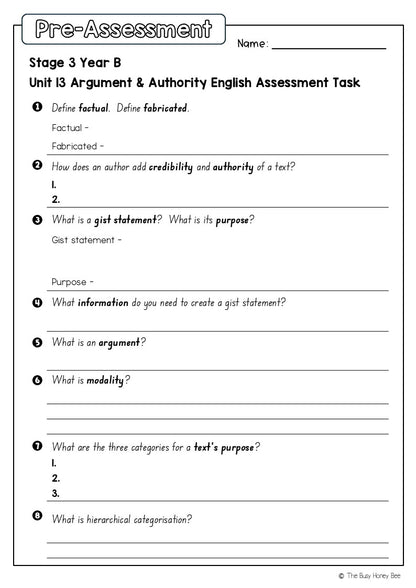 Stage 3 Year B English Pre- and Post-Assessment Unit 13 Argument and authority