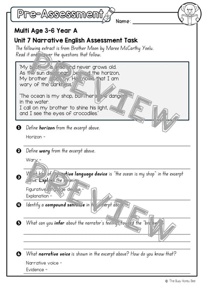 Multi Age 3-6 Year A English Pre- and Post-Assessment Unit 7 Narrative