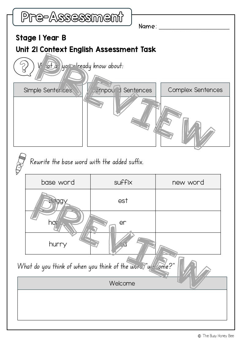 Stage 1 Year B English Pre- and Post-Assessment Unit 21