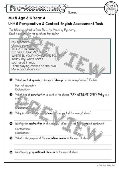 Multi Age 3-6 Year A English Pre- and Post-Assessment Unit 6 Perspective and Context