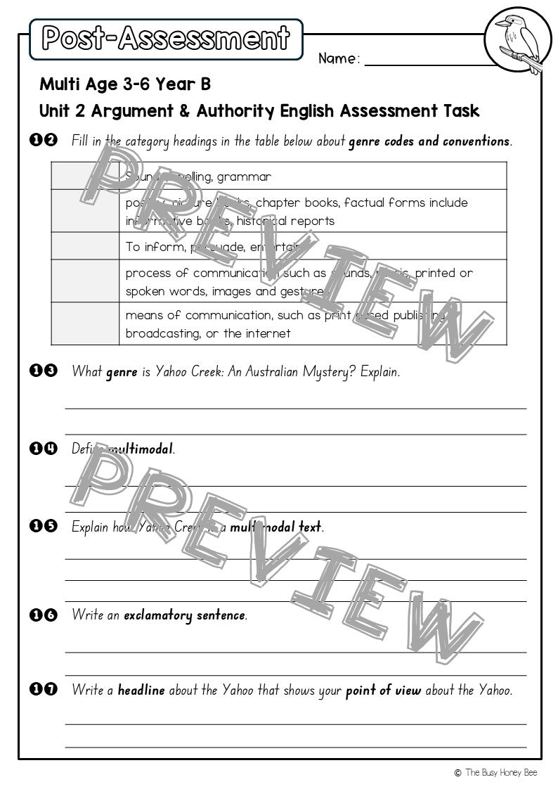 Multi Age 3-6 Year B English Pre- and Post-Assessment Unit 2 Argument and Authority