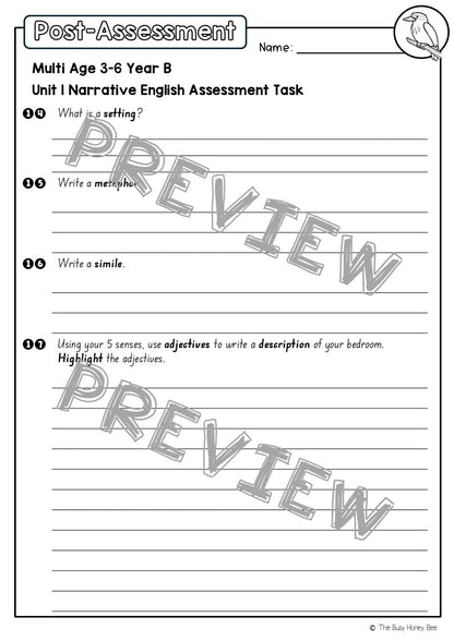 Multi Age 3-6 Year B English Pre- and Post-Assessment Unit 1 Narrative