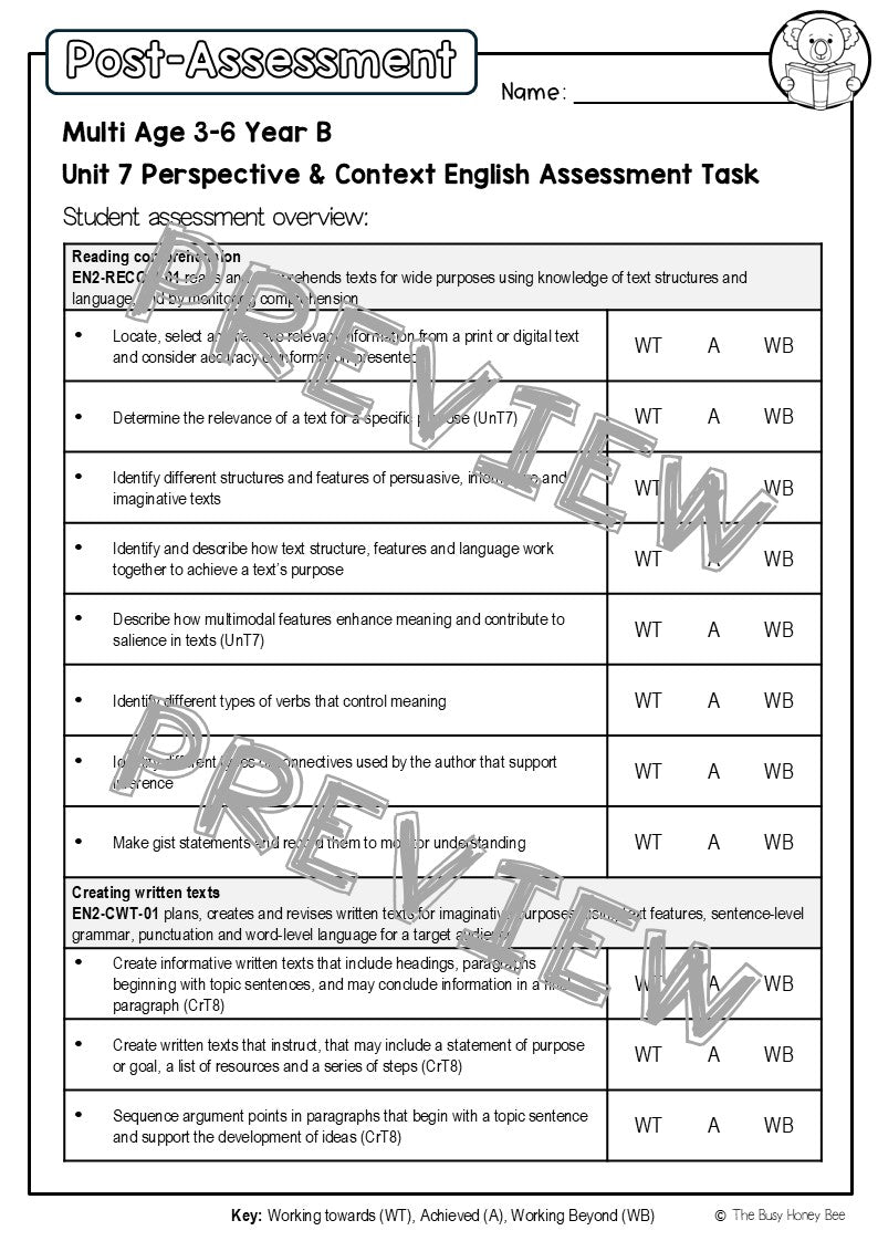 Multi Age 3-6 Year B English Pre- and Post-Assessment Unit 7 Perspective & Context