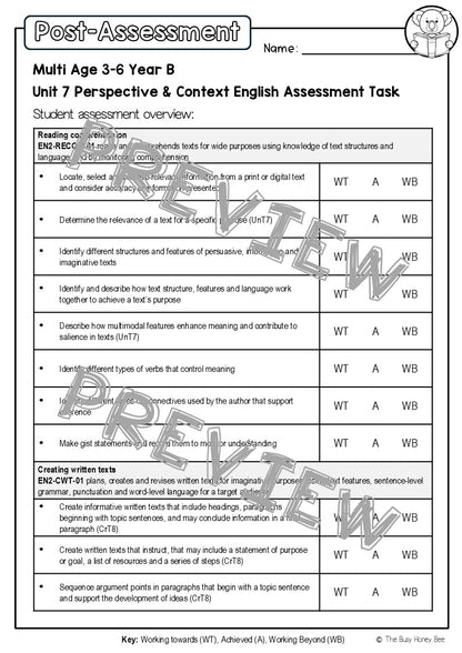 Multi Age 3-6 Year B English Pre- and Post-Assessment Unit 7 Perspective & Context