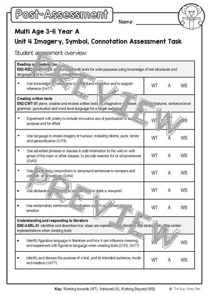 Multi Age 3-6 Year A English Pre- and Post-Assessment Unit 4 Imagery, symbol and connotation