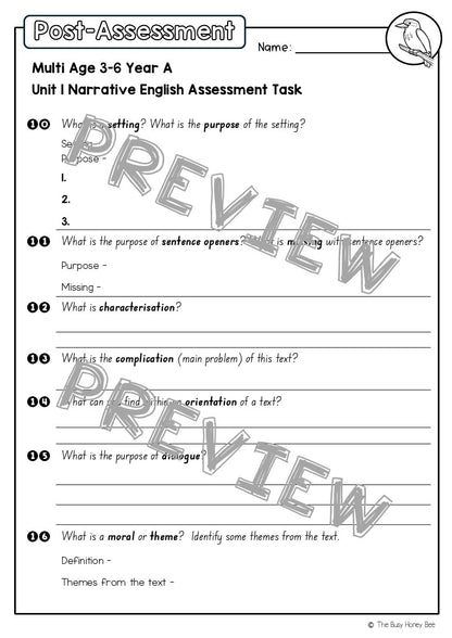 Multi Age 3-6 Year A English Pre- and Post-Assessment Unit 1 Narrative