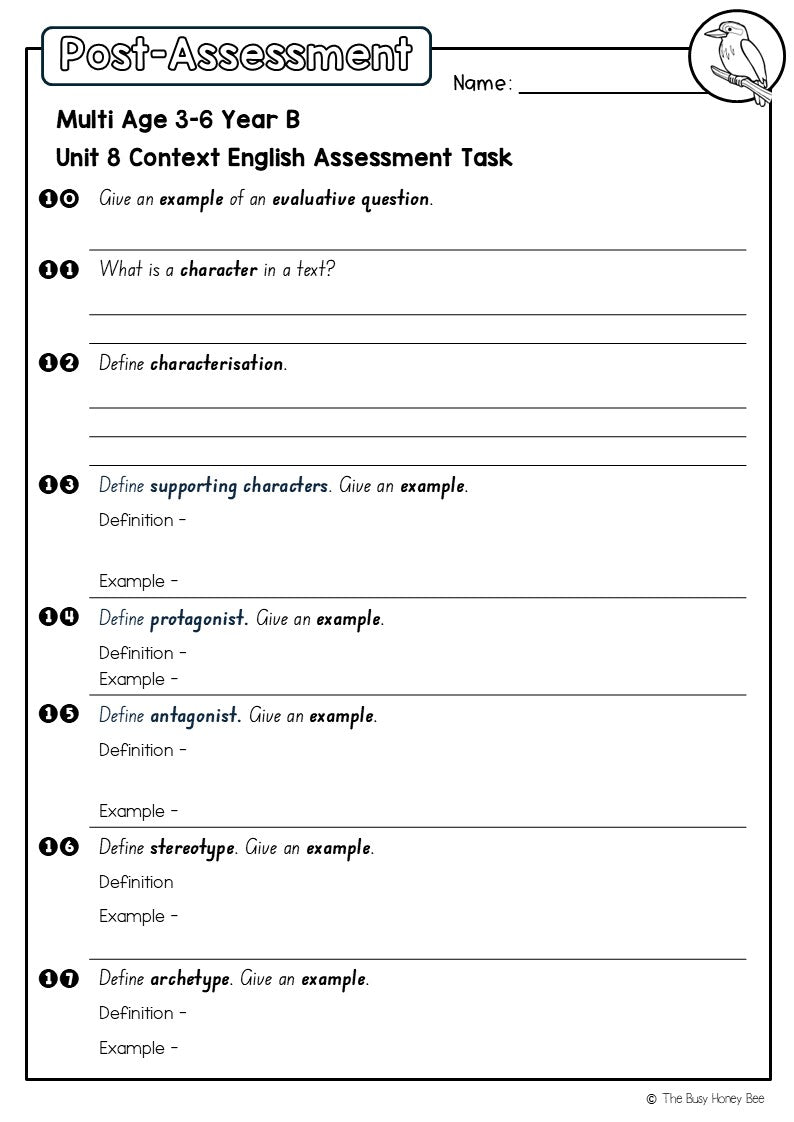 Multi Age 3-6 Year B English Pre- and Post-Assessment Unit 8 Context