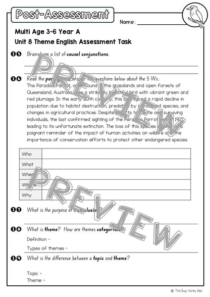 Multi Age 3-6 Year A English Pre- and Post-Assessment Unit 8 Theme