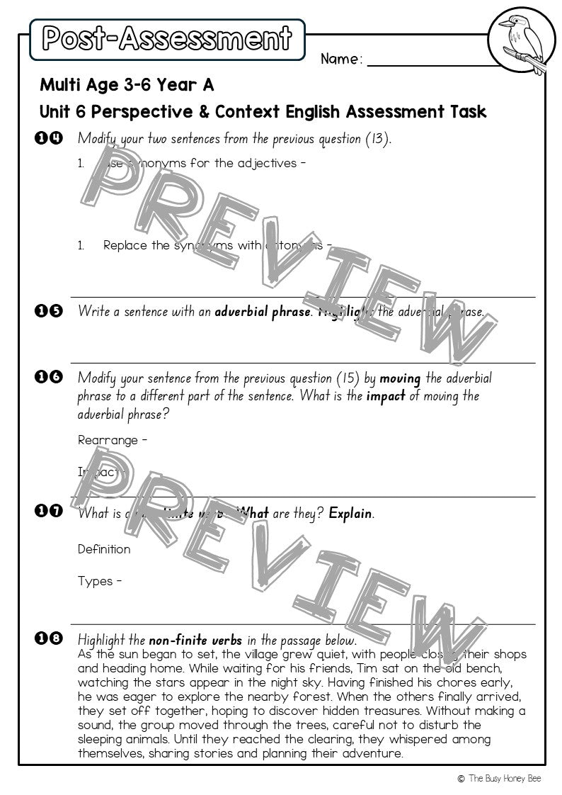 Multi Age 3-6 Year A English Pre- and Post-Assessment Unit 6 Perspective and Context