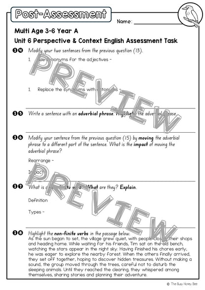 Multi Age 3-6 Year A English Pre- and Post-Assessment Unit 6 Perspective and Context