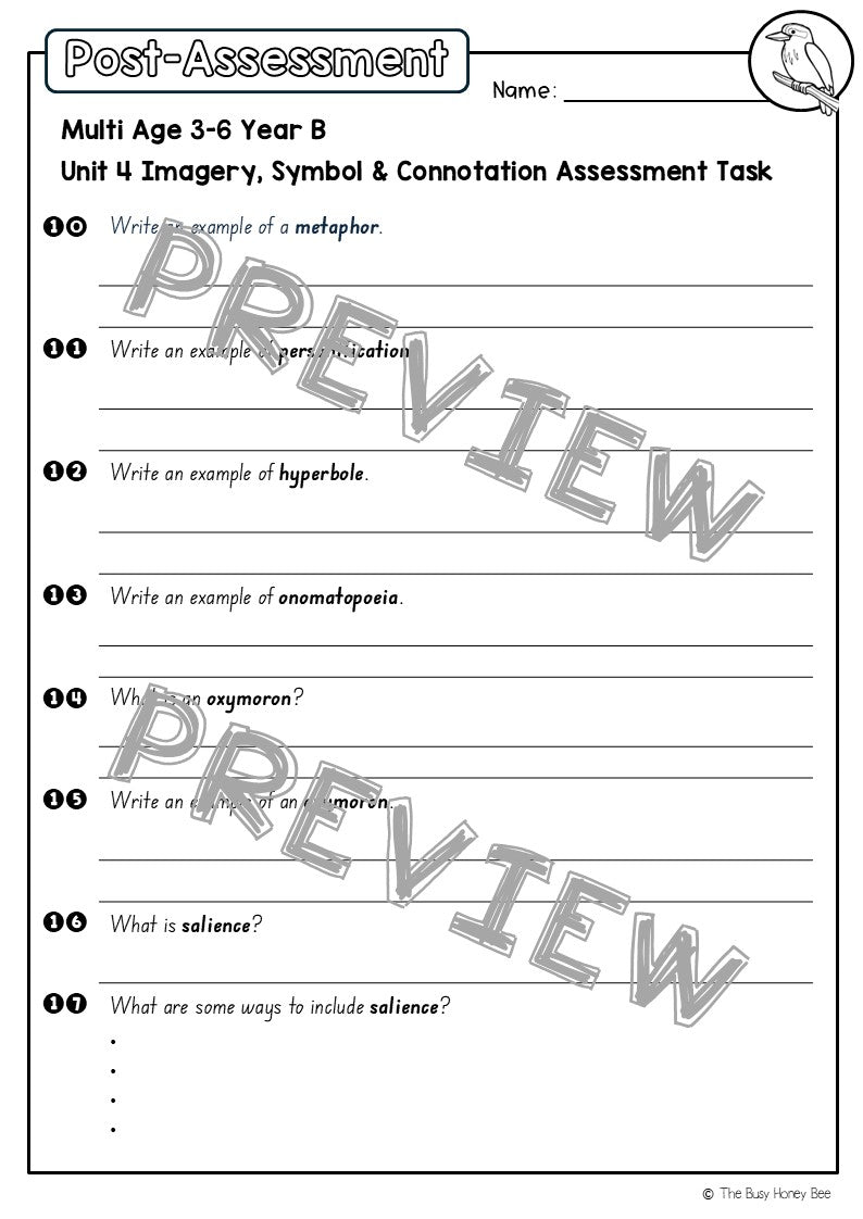 Multi Age 3-6 Year B English Pre- and Post-Assessment Unit 4 Imagery, symbol and connotation