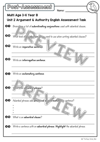 Multi Age 3-6 Year B English Pre- and Post-Assessment Unit 2 Argument and Authority