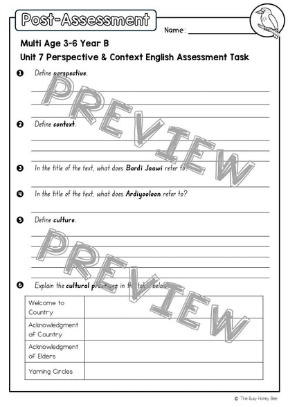 Multi Age 3-6 Year B English Pre- and Post-Assessment Unit 7 Perspective & Context