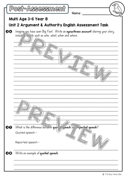 Multi Age 3-6 Year B English Pre- and Post-Assessment Unit 2 Argument and Authority