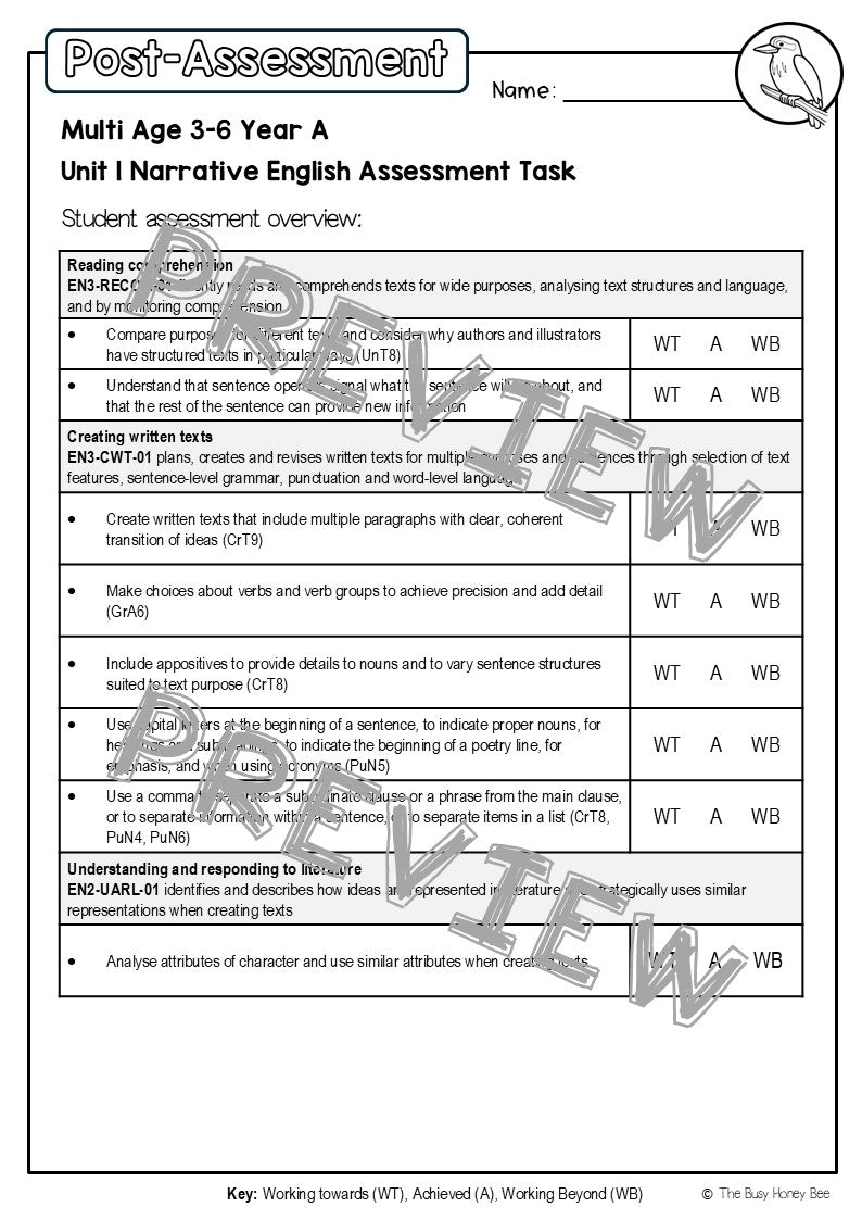 Multi Age 3-6 Year A English Pre- and Post-Assessment Unit 1 Narrative