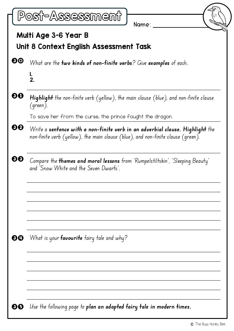 Multi Age 3-6 Year B English Pre- and Post-Assessment Unit 8 Context